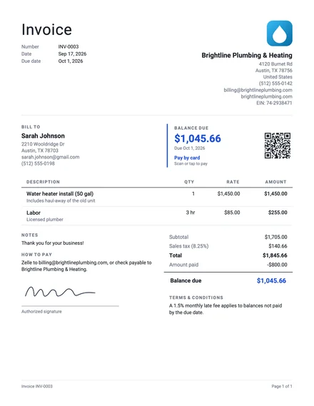 The invoice in the Minimal design