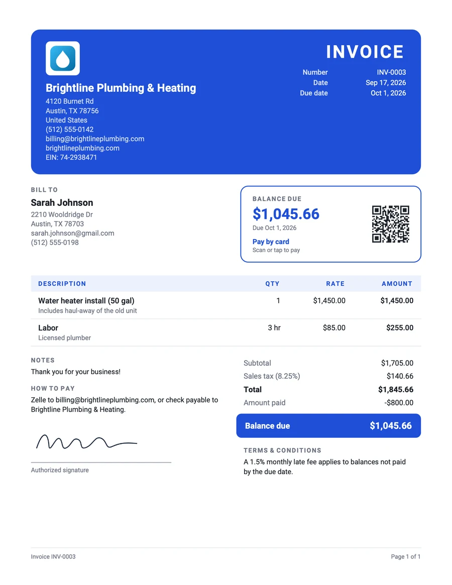 An invoice made with TapBill in the Modern design: a plumbing business bills $1,845.66 for a water heater install, with $1,045.66 still due and a QR code to pay by card.